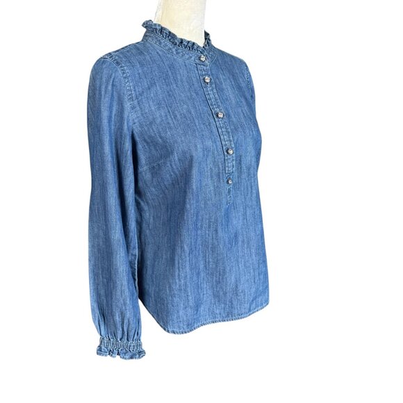 Talbots Petite ruffle neck long sleeve denim popover top women's size SP - Picture 2 of 10